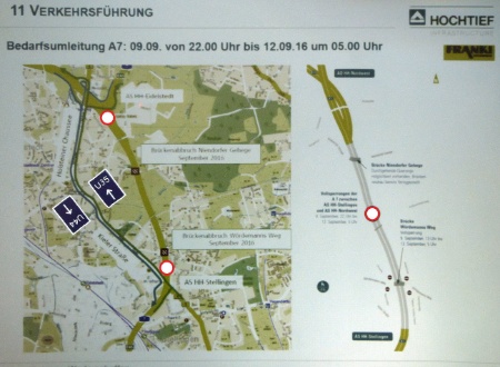 Die Umleitungsstrecke zwischen Eidelstedt und Stellingen über Holsteiner Chaussee und Kieler Straße für die voll gesperrte Autobahn A7. Auf dieser Strecke wird sich der Verkehr stauen.